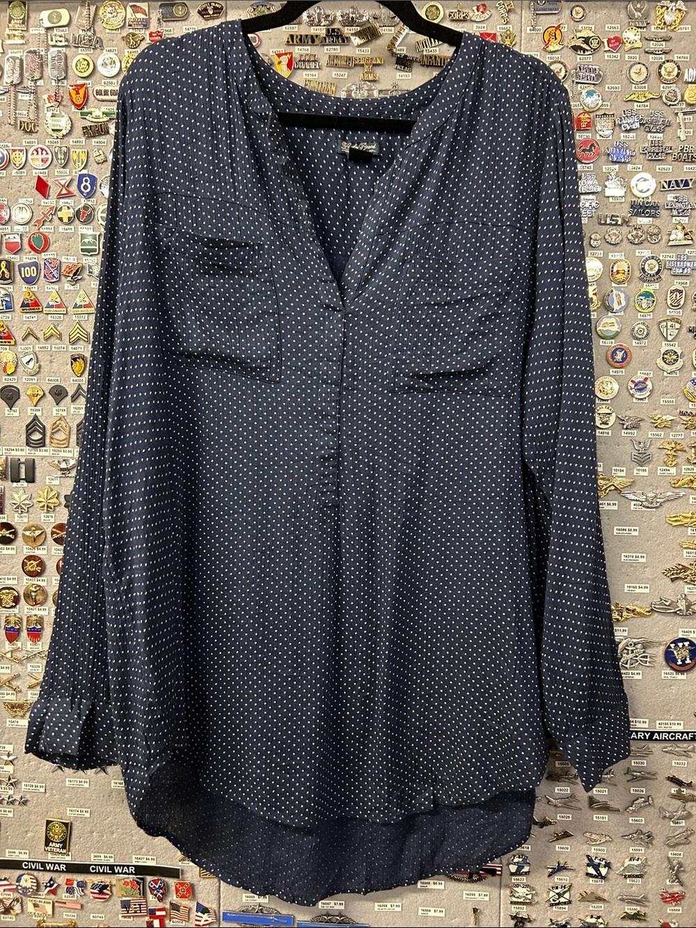 Lucky Brand Navy Polka Dot V-Neck Blouse